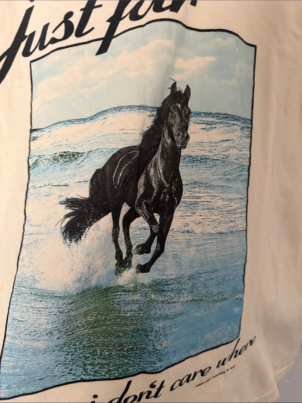 “Just Far” Cream Tee With Black Horse Beach Ocean Tarot 1000 Feels So Good M — image 3 of 4
